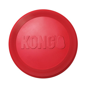 Red circular flying disc dog toy with “KONG” embossed.