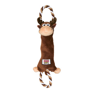 Brown and tan monkey plush  dog toy with roped ends.