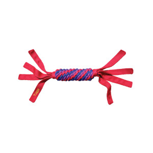 Red and blue dog toy with multiple chewable ends.