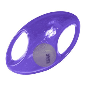 Purple football shaped dog toy with two handles.