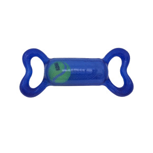 Blue bone-shaped dog toy with handles at the end.
