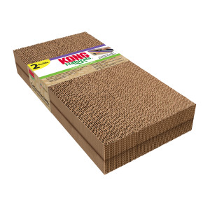 Double pack of cardboard scratchers with green catnip inserts.