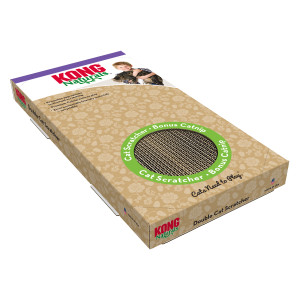Cat scratcher with green catnip insert in cardboard base.
