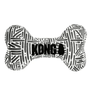 Black and white bone-shaped plush dog toy with printed pattern.