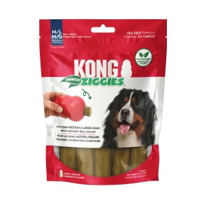 Two cylindrical dog treats with speckled surface, arranged side by side. Shown in its retail packaging.