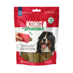 Two cylindrical dog treats with speckled surface, arranged side by side. Shown in its retail packaging.