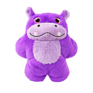 Purple hippo plush dog toy with rounded shape.