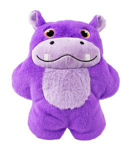 Purple hippo plush dog toy with rounded shape.