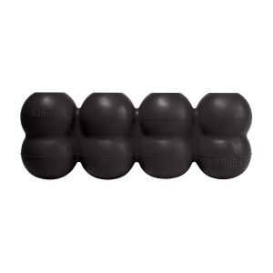 Black cylindrical dog toy with three stacked tiers and textured surface.