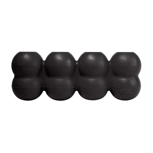 Black cylindrical dog toy with three stacked tiers and textured surface.