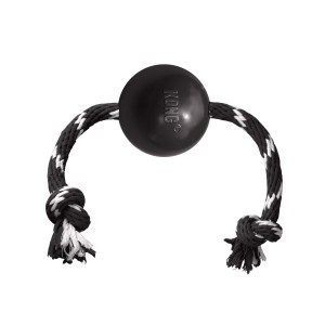 Black natural rubber ball dog toy with a red and white rope through the center.