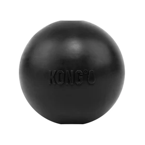 Black natural rubber ball dog toy with “KONG” embossed.