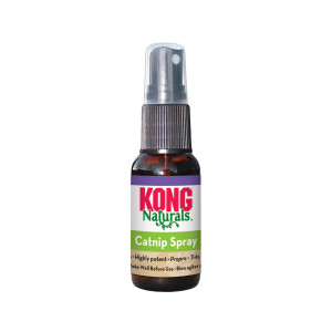 Catnip spray bottle with red and white label.