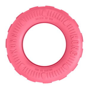 Pink tire shaped dog toy with hollowed out center.