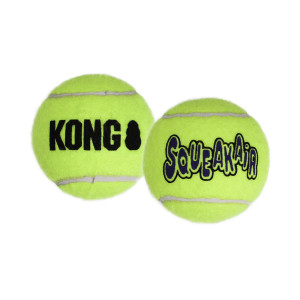 Neon green tennis ball dog toy with KONG printed.