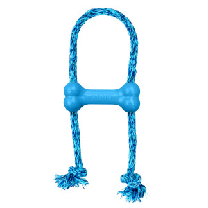 Pink bone-shaped dog toy with rope through the ends.