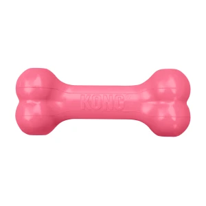 Pink bone-shaped dog toy with textured ends.