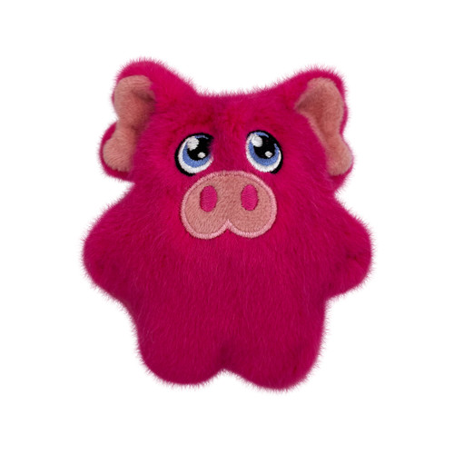 Pink pig plush dog toy with rounded body and fuzzy texture.