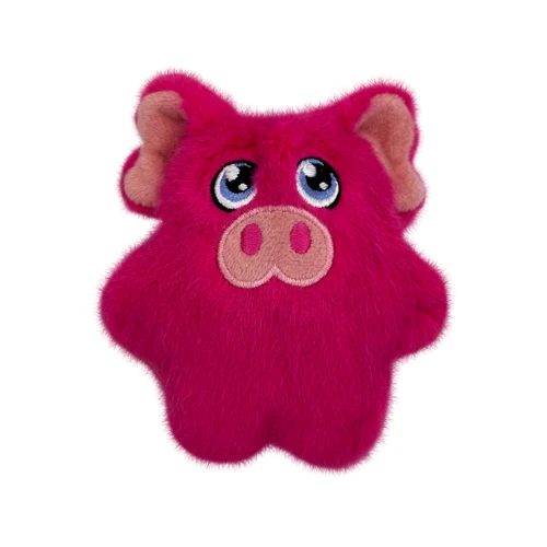 Pink pig plush dog toy with rounded body and fuzzy texture.