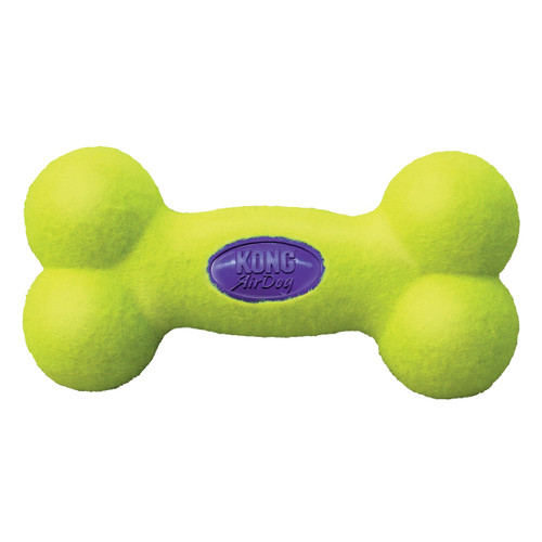 Neon Yellow bone-shaped dog toy with a purple oval center.