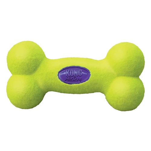 Neon Yellow bone-shaped dog toy with a purple oval center.