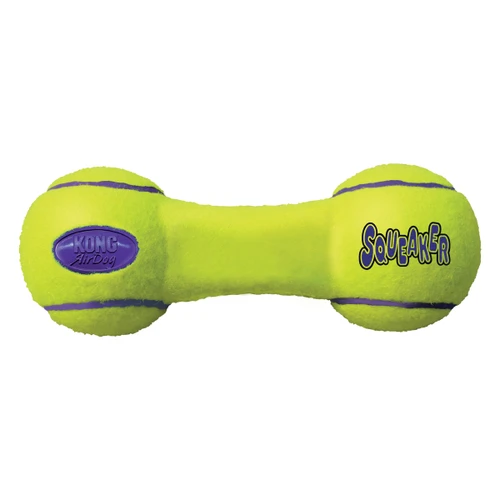 Neon yellow dumbbell-shaped dog toy.