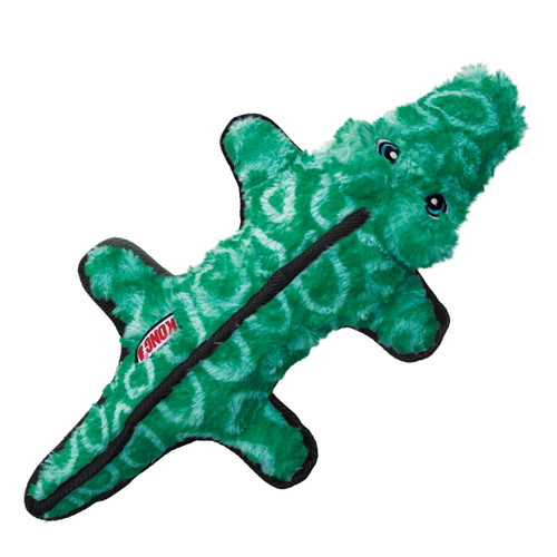 Green alligator-shaped dog toy with textured surface.