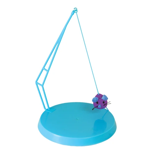 Blue hanging cat toy with dangling purple plush and bell.