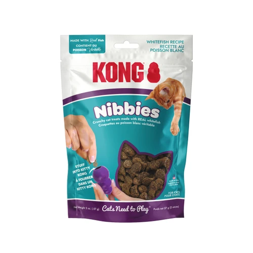 Small brown crunchy cat treats in fish shapes. Shown in its retail packaging.