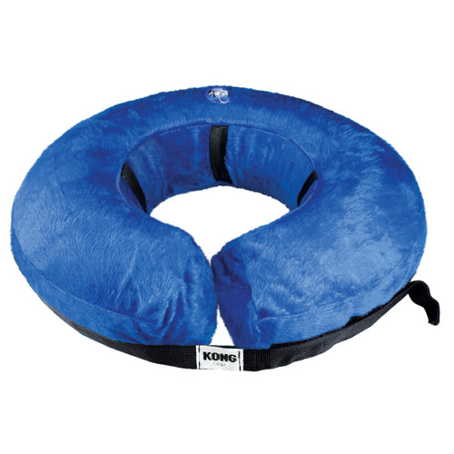 Blue circular plush inflated collar with attached black strap.