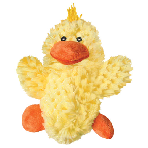 Yellow duck plush toy with orange beak and feet.