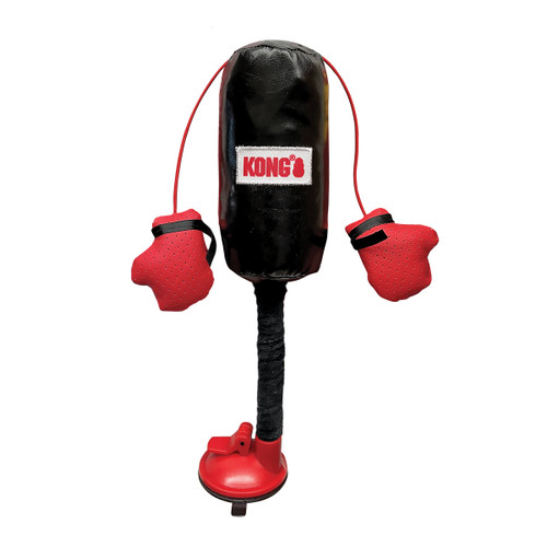 Black punching bag with dangling boxing gloves and a suction for attachment at the bottom.