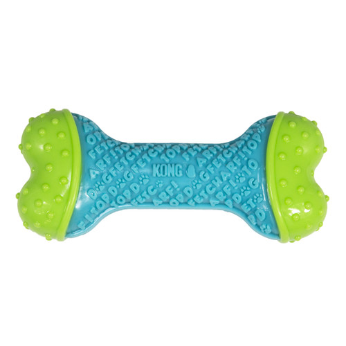 Blue bone-shaped dog toy with green ends.