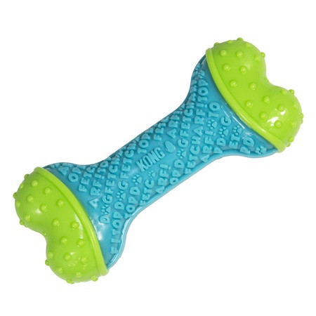 Blue bone-shaped dog toy with green ends.