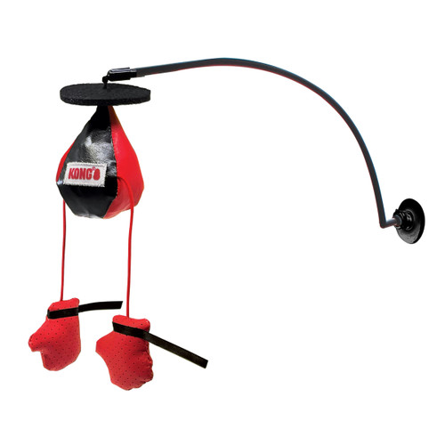 Black and red punching bag with red dangling boxing gloves with a pole and suction attached.