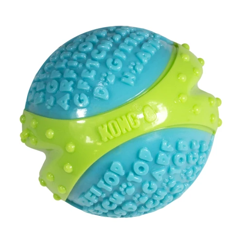 Blue and green ball-shaped dog toy with textured panels.