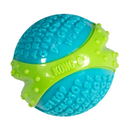 Blue and green ball-shaped dog toy with textured panels.