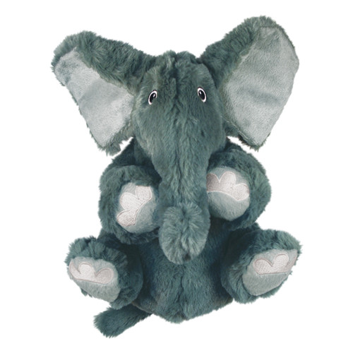 Gray elephant-shaped dog toy with soft fabric texture in seated position.
