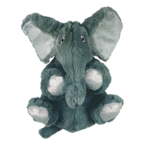 Gray elephant-shaped dog toy with soft fabric texture in seated position.