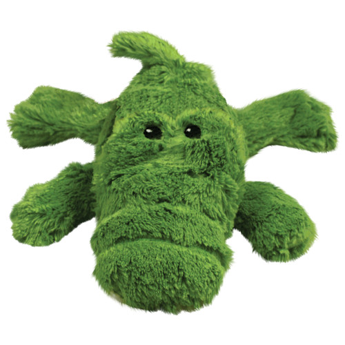 Green alligator-shaped dog toy with soft plush material.