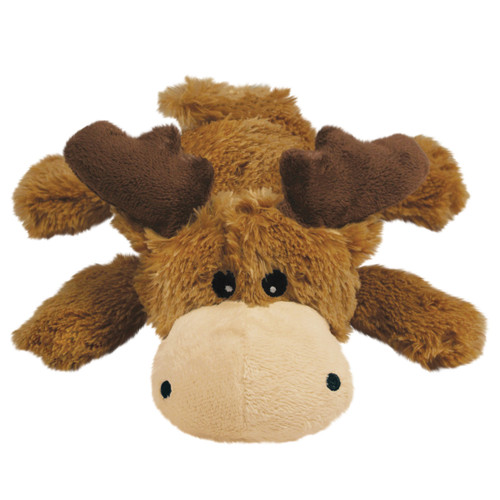 Brown and beige moose-shaped toy with small antlers and soft body.