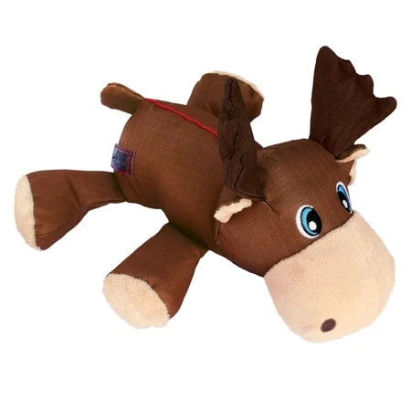 Brown moose plush toy with antlers and tactile texture.