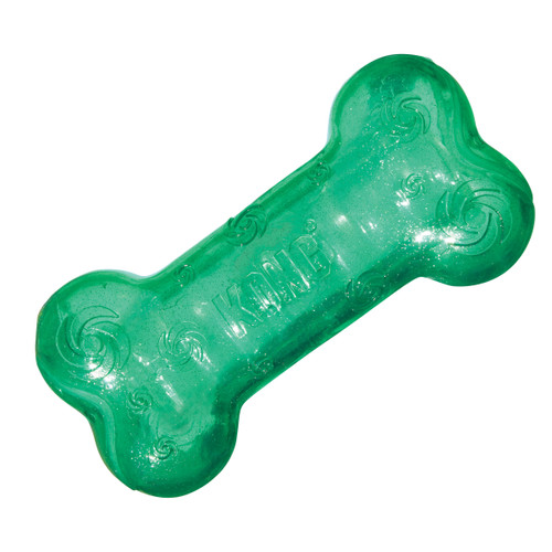 Green bone-shaped dog toy with textured ridges.