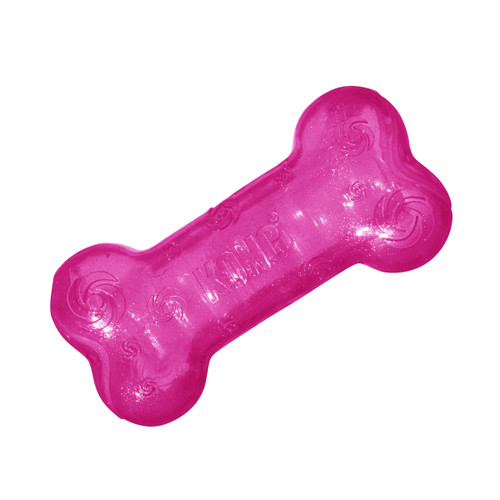 Pink  bone-shaped dog toy with textured ridges.