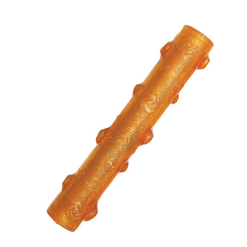 Orange stick-shaped dog toy with grip texture.