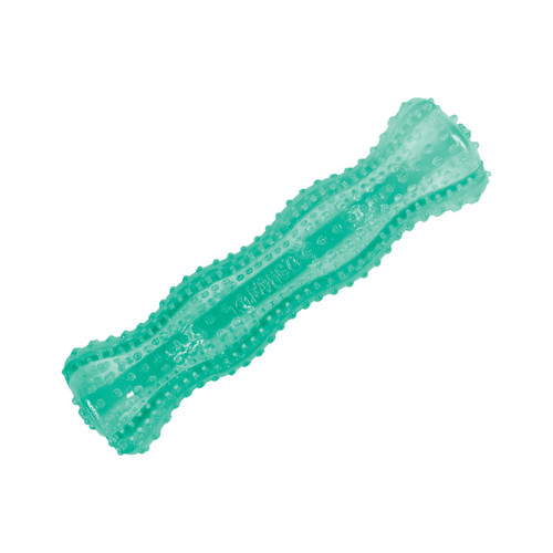 Green stick-shaped dog toy with chewable surface.