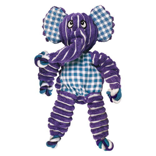 Purple and blue striped elephant shaped plush toy with extended limbs.