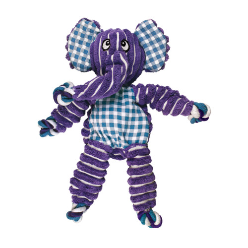 Purple and blue striped elephant shaped plush toy with extended limbs.