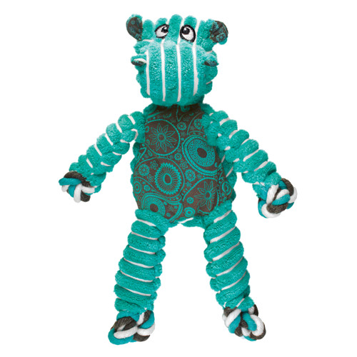 Green and blue striped hippo shaped plush toy with long flexible limbs.