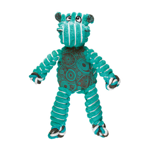 Green and blue striped hippo shaped plush toy with long flexible limbs.